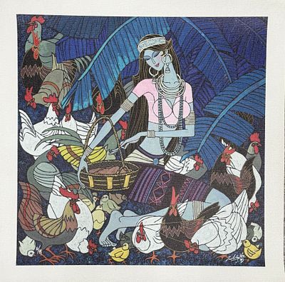 Zu Ming Ho / Зу Мин Хо (1949), "Время кормления". холст, жикле 
размер 58 х 58 см. 