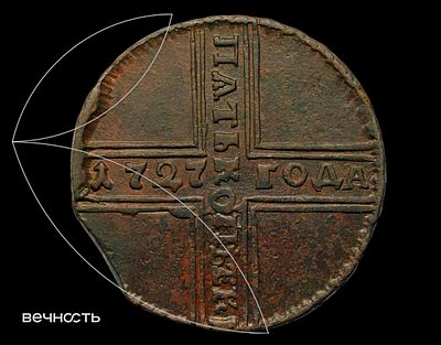 ПѦТЬ КОПѣЕКЬ 1727 НД. Узкий хвост орла, малые короны без крестов, большая центральная корона. 