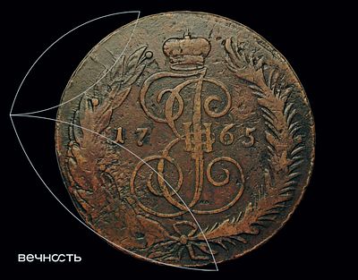 ПЯТЬ КОПѣЕКЬ 1765 СПМ. Двойной перечекан из пятикопеечника Елизаветы I. 
Биткин 569, Петров 0,75 
