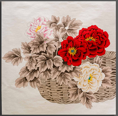 &laquo;Пионы в плетённой корзине&raquo;. Художник: Чжан Сючжэнь (псевдоним – Сан Ян, род. 1958). 
Китай 