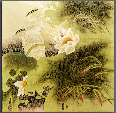 &laquo;Две цапли и лотос&raquo;. Художник: Чжан Сючжэнь (псевдоним – Сан Ян, род. 1958). 
Китай, начало XXI 