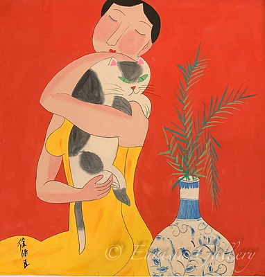 &laquo;Красавица с кошкой&raquo;. Художник: Инцзай Пен (1960 г/р). 
Китай, начало 21 века. 
Бумага, гуашь 