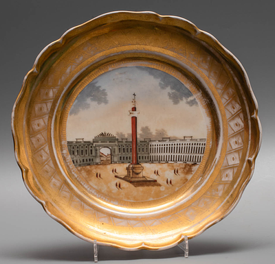 Тарелка &laquo;Дворцовая площадь. Александровская колонна&raquo;. Россия, 19 век. 
Фарфор, роспись 