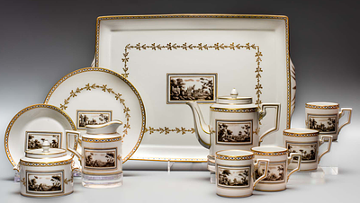 Сервиз: 4 кофейные тройки, кофейник, молочник, сахарница, икорница, поднос. Италия, 1965 год. 