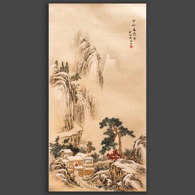 Живописный рисунок «Мудрец в беседке на фоне пейзажа». Бумага, тушь, минеральные краски. 
Китай 