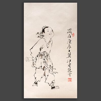 "Счастливый ученик». Бумага, тушь, минеральные краски. 
Китай, начало XXI века. 
Размеры листа: 