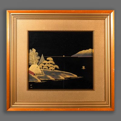 Лаковая картина с изображением пейзажа. Япония, середина 20 века. 
Дерево, лак. 
Размеры (в 