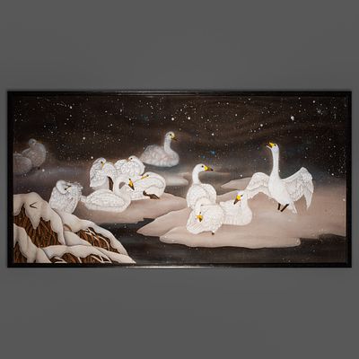 Панно &laquo;Гуси зимой&raquo;. Художник: Сюй Лицинь. 
Китай, Чуцзячжуан, провинция Хэбэй. 
2020-е годы. 