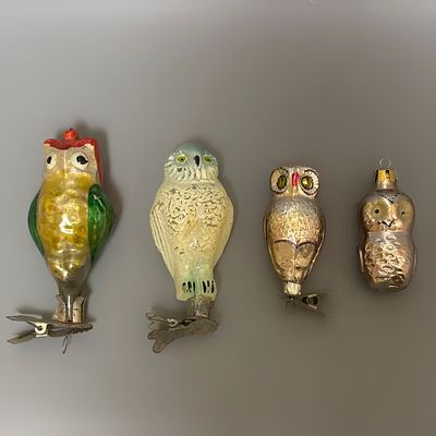 Елочные игрушки &laquo;Сова&raquo; &laquo;Филин&raquo;. 4 шт. 
СССР, 1960-1970е годы. 
Стекло, роспись. 
Состояние: 