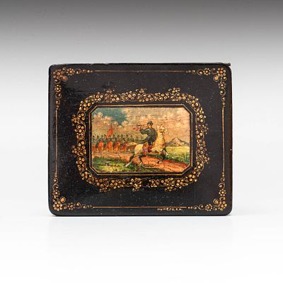 Шкатулка &laquo;Горнист на коне&raquo;. Подпись мастера: А.К. 
Мстера, 20 век. 
Папье-маше, лак, живопись. 