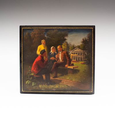 Шкатулка &laquo;Ленин беседует с крестьянами в Горках&raquo;. Федоскино, 20 век. 
Папье-маше, лак 