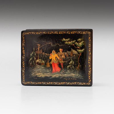 Шкатулка &laquo;Встреча у колодца&raquo;. Художник: Иван Константинович Мызников (1871-1961). 
Палех, 1954 