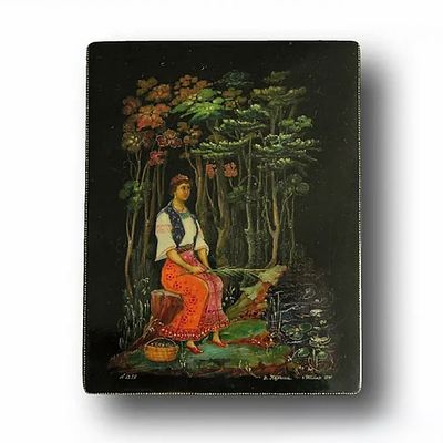 Шкатулка &laquo;Девушка у пруда&raquo;. Художник: Иван Александрович Першин (1889-1972). 
Палех, 1941 год. 