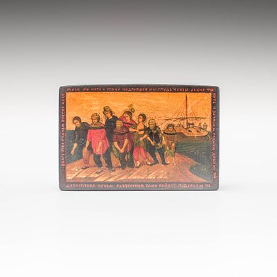 Шкатулка &laquo;Бурлаки на Волге&raquo;. Художник: В.Н.Овчинников. 
Мстера, 20 век. 
Дерево, лак, живопись 