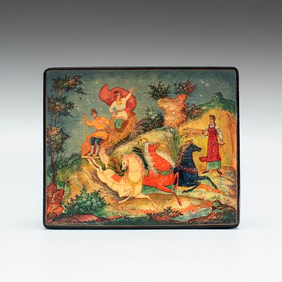 Шкатулка &laquo;Всю то я Вселенную проехал&raquo;. Мстера, 1970-е годы. 
Папье-маше, лак, живопись. 