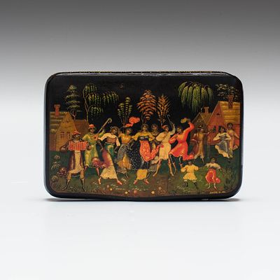 Портсигар &laquo;Сельская пляска&raquo;. Художник: Иван Иванович Зубков (1883-1938). 
Палех, начало 1930-х 