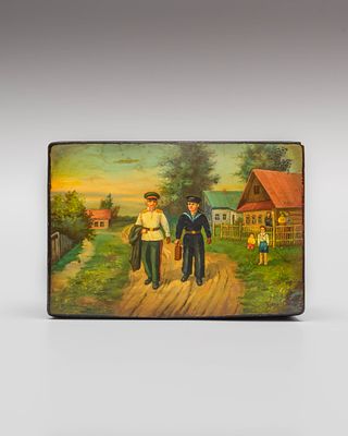 Шкатулка &laquo;На побывку&raquo;. Художник: Корнеев. 
Федоскино, 1950-е годы. 
Папье-маше, лак, роспись. 