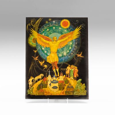 Панно &laquo;Икар&raquo;. Художник: С.В. Морокин. 
Палех, 1970 год. 
Папье-маше, живопись, лак. 