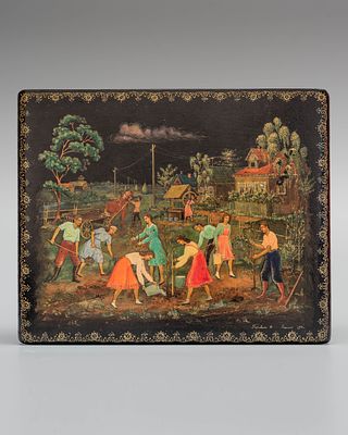 Шкатулка &laquo;Комсомольцы на посадке деревьев&raquo;. Художник: С. Гаравина. 
Палех, 1950 год. 