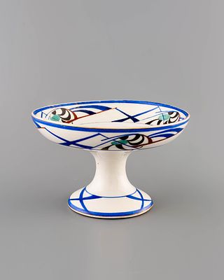 Вазочка (конфетница) на ножке с абстрактным рисунком. Дул&euml;во, 1920-1924-е годы. 
Фарфор 