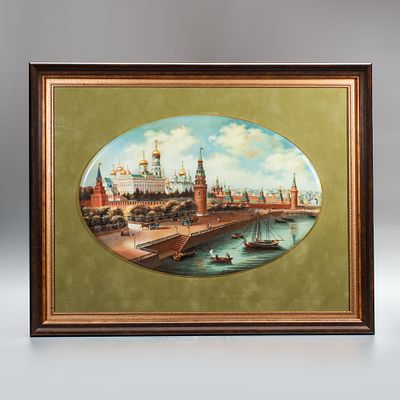 Картина на фарфоре &laquo;Вид на Кремль со стороны Каменного моста&raquo; в раме. Германия, конец 20 века. 