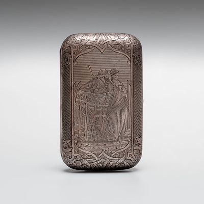 Портсигар &laquo;Охотник с дамой у плетня&raquo;. Серебро, золочение внутри, гравировка. 
Клейма: 84, Л.О 