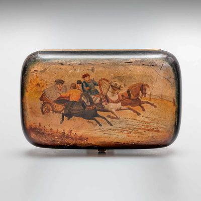 Портсигар &laquo;Тройка осенняя&raquo;. Папье-маше, лак. 
Размеры: 10,5 х 7 см. 
Состояние: следы бытования.