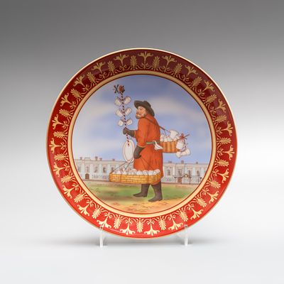 Тарелка &laquo;Продавец фарфоровой посуды&raquo;. Россия, ЛФЗ, 2023 год. 
Автор рисунка: Любовь Цветкова. 