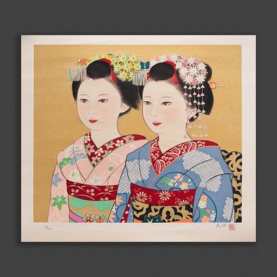 Гравюра &laquo;Две юные красавицы&raquo;. Автор: Р&euml;хэй Мива (1929 - 2011). 
Япония, 2003 год. 
Литография. 
