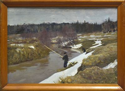 Махорин Виктор Никифорович (1923) «Последний снег» 1959 год. Размер с рамой: 54 х 74 см. 
Размер 