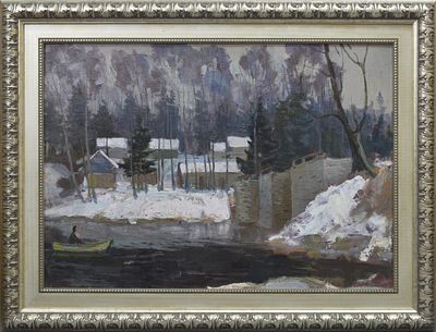 Картина «Плотина зимой», 1976 год. По подписи . Федор Захаров ?. Размер с рамой: 84,5 х 64,5 см. 