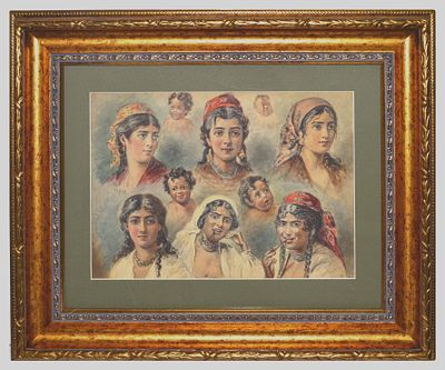 Китаев Василий Петрович . "Цыганки". Акварель 34,5 х 25см. Российская империя 1882 г. 