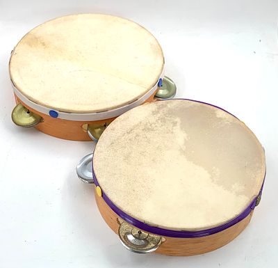 Lot of 2 Vintage Handheld Tambourines – Natural Skin, 19 cm & 17 cm Diameter. A beautiful lot of 