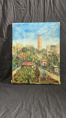 ציור שמן מקורי חתום -אומן לא מזוהה- נוף עירוני ישראלי | אימפסטו עשיר | וינטג’ אותנטי. יצירת 