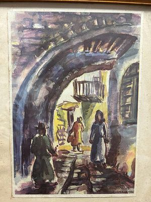 הדפס אמנותי חתום וממוסגר – דוד גלבוע, 1952 | “המעבר המקומר”. מידות כולל המסגרת: 35X27 ס"מ