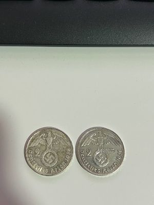 2 מטבעות כסף 625 רייכסמארק גרמניה הנאצית (עם צלב קרס) 1938 במשקל כולל של 15.86 גרם