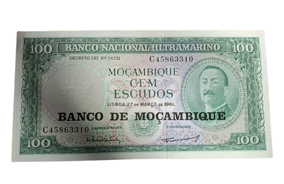 שטר מוזמביק 100 Escudos משנת 1961 עם הדפס־על Banco de Mo&ccedil;ambique. מצב טוב מאוד. שטר נייר אספני 