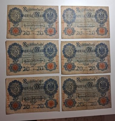 לוט 6 שטרות 20 מארק גרמני 
1907,1908,1909,1910,1914,1914.מצבים שונים