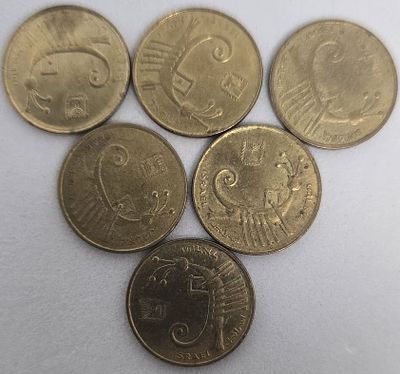 לוט 6 מטבעות ישראל - 1 אגורה - סדרת השקל החדש. לא שכיחים. לוט הכולל 6 מטבעות ישראליים בערך נקוב 