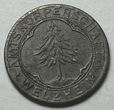 לא מצוי. מטבע חירום גרמני Notgeld משנת 1918 בערך של 5 פפניג, הונפק במהלך מלחמת העולם הראשונה. VF