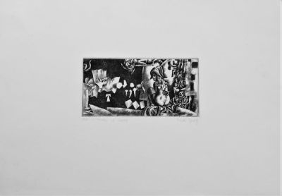 Rudi Gorog (1930). "l'erede al trono", acquaforte, cm 10x20, su foglio cm 35x50, firma, es. AP