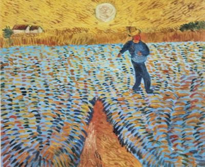 Van Gogh (1853-1890). "seminatore al tramonto", serigrafia materica su faesite, cm 51x61