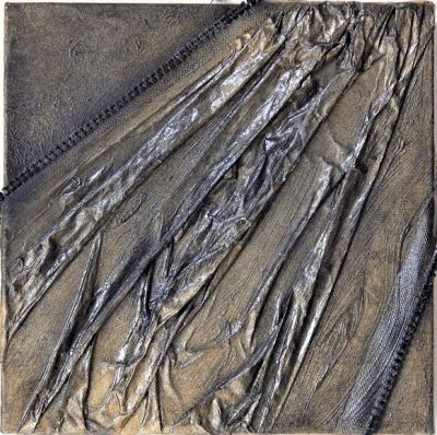 Charlotte Ritzow. "rideau ouvert", collage acrilici su tela, cm 24x24x3.5, con certificato di 