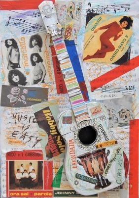 Giuseppe Chiari (1927-2007). "music is easy", collage e tecnica mista su tavola, cm 53x73, firma 