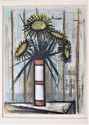 Bernard Buffet (1928-1999). "Bouquet de Tournesols", litografia su cartoncino, cm 69x49, firma 