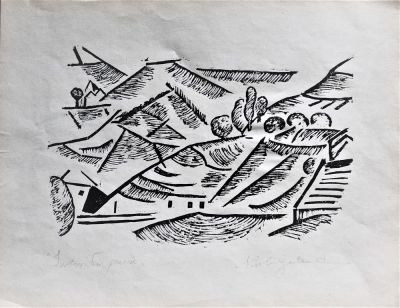 Nicola Galante (1883-1969). "Sintesi di paese", xilografia, cm 20.5x25, firma