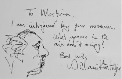 William Kentridge (1955). "senza titolo", disegno a china su carta, cm 8x12,5 firma e dedica 