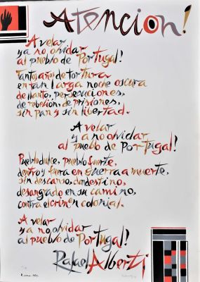 Rafael Alberti (1902-1999). "Atencion", litografia, cm 70x50, firma, es. 68/70, eseguita nel 1974
