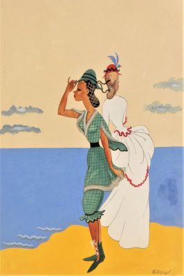 Enzo Pagani (1920-1993). "bagnanti", tecnica mista su carta, cm 32x24, firma