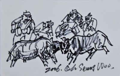 Seung Woo Oh (1930). "senza titolo", disegno a pennarello su carta, cm 8x12,5 firma, eseguito 